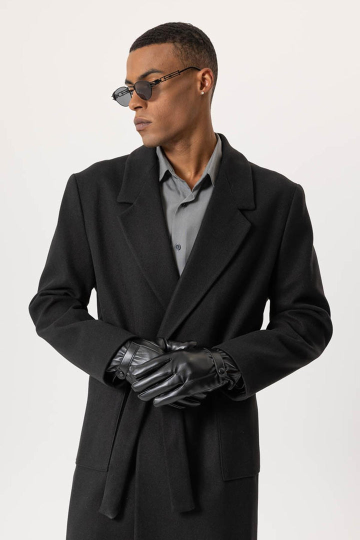 Black Faux Leather Men's Gloves with Fleece Lining - Wessi