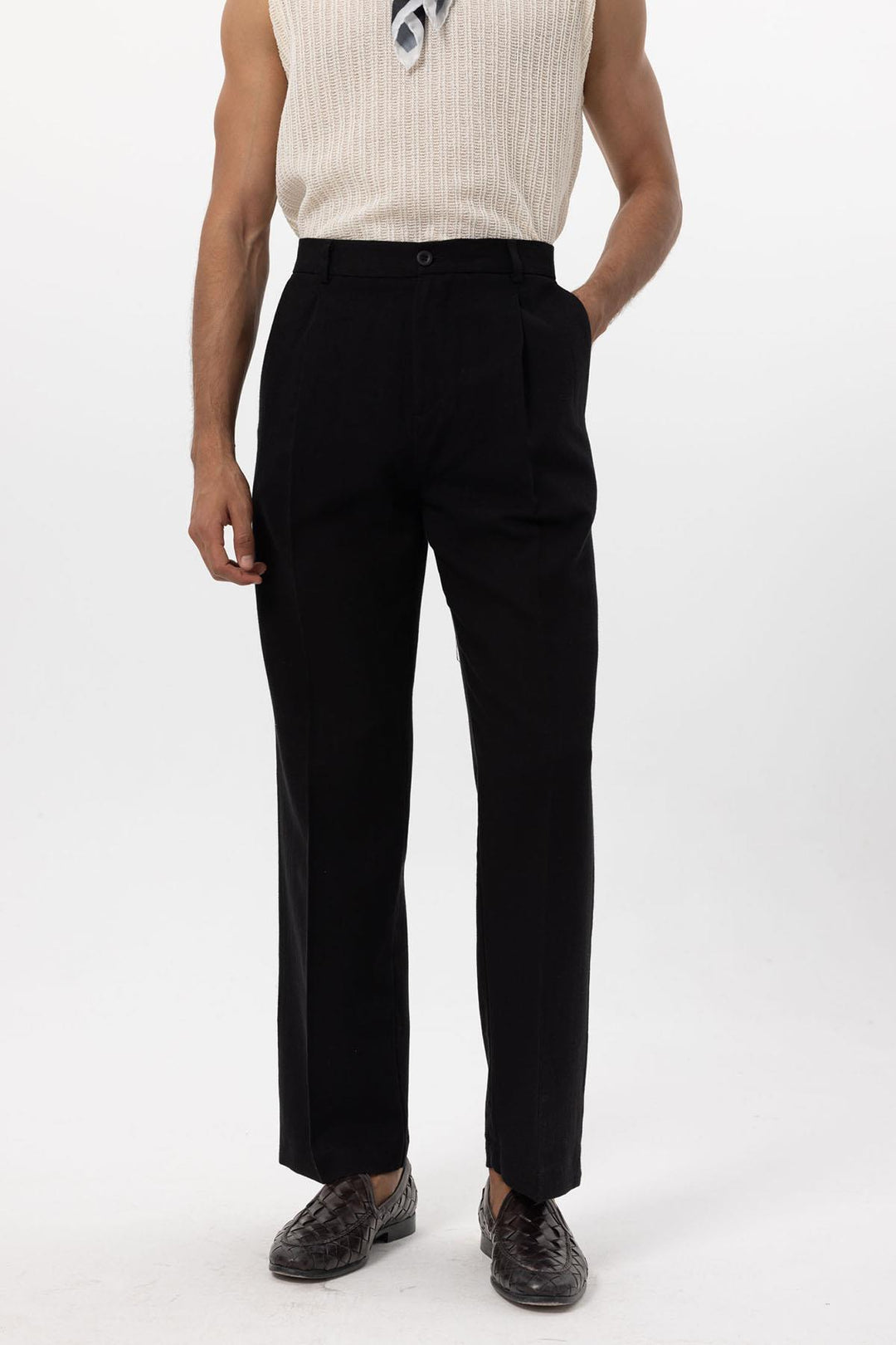 Men's Black Linen Blend Baggy Pants - Wessi