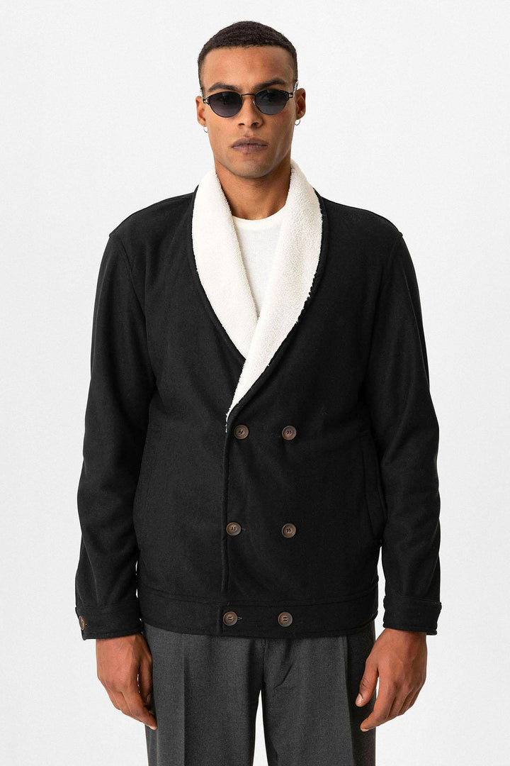 Black Contrast Collar Men's Jacket with Lining Detail - Wessi