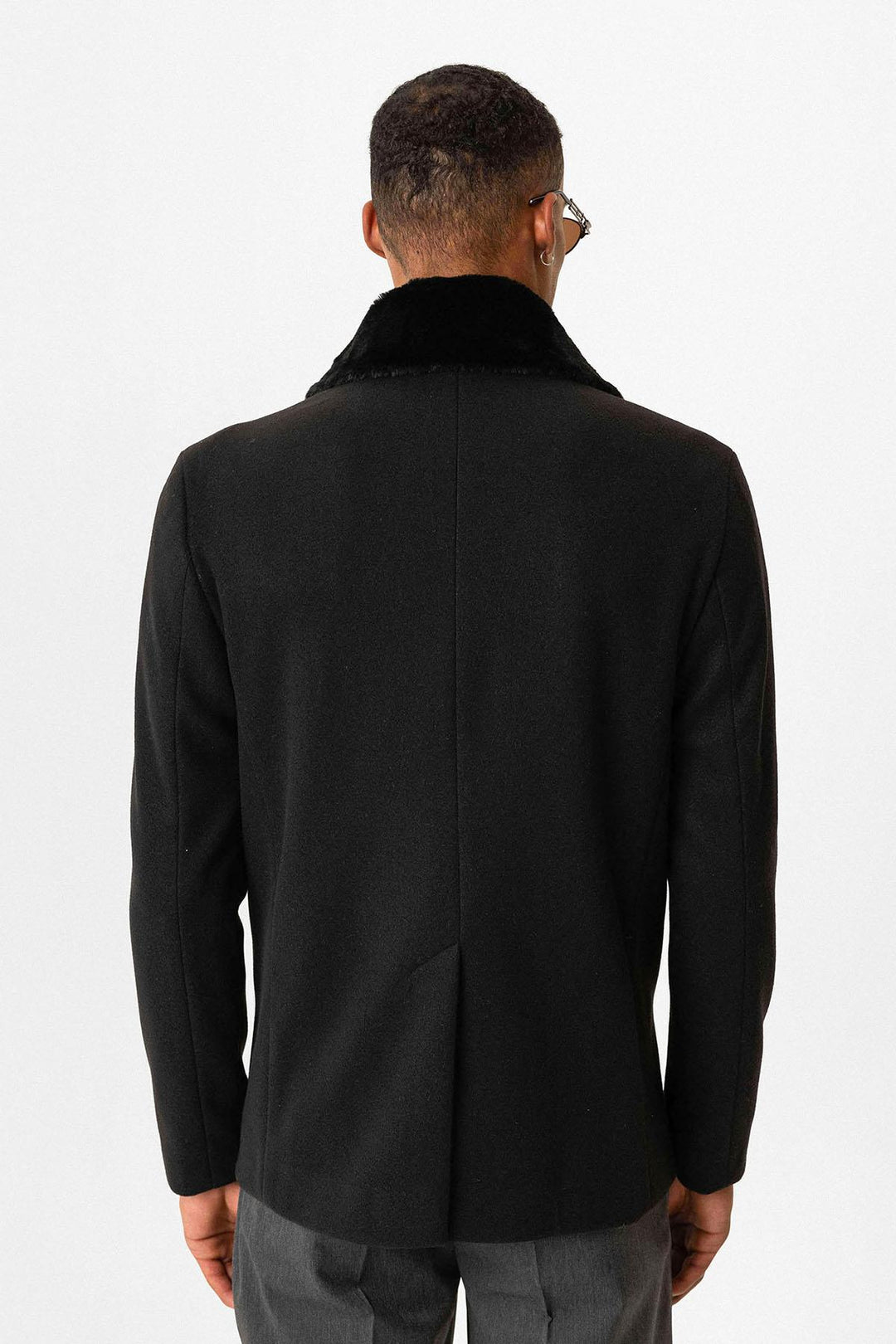 Black Fur Collar Double-Breasted Men's Coat - Wessi