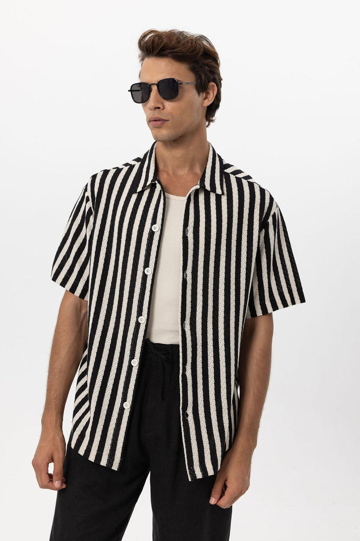 Men's Black Oversized Knit Striped Shirt - Wessi