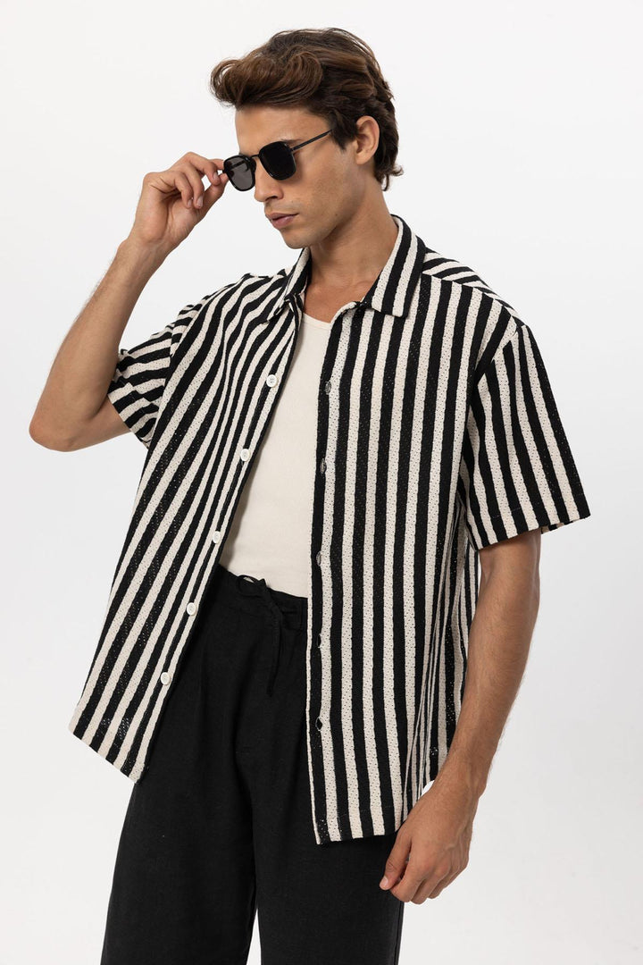 Men's Black Oversized Knit Striped Shirt - Wessi