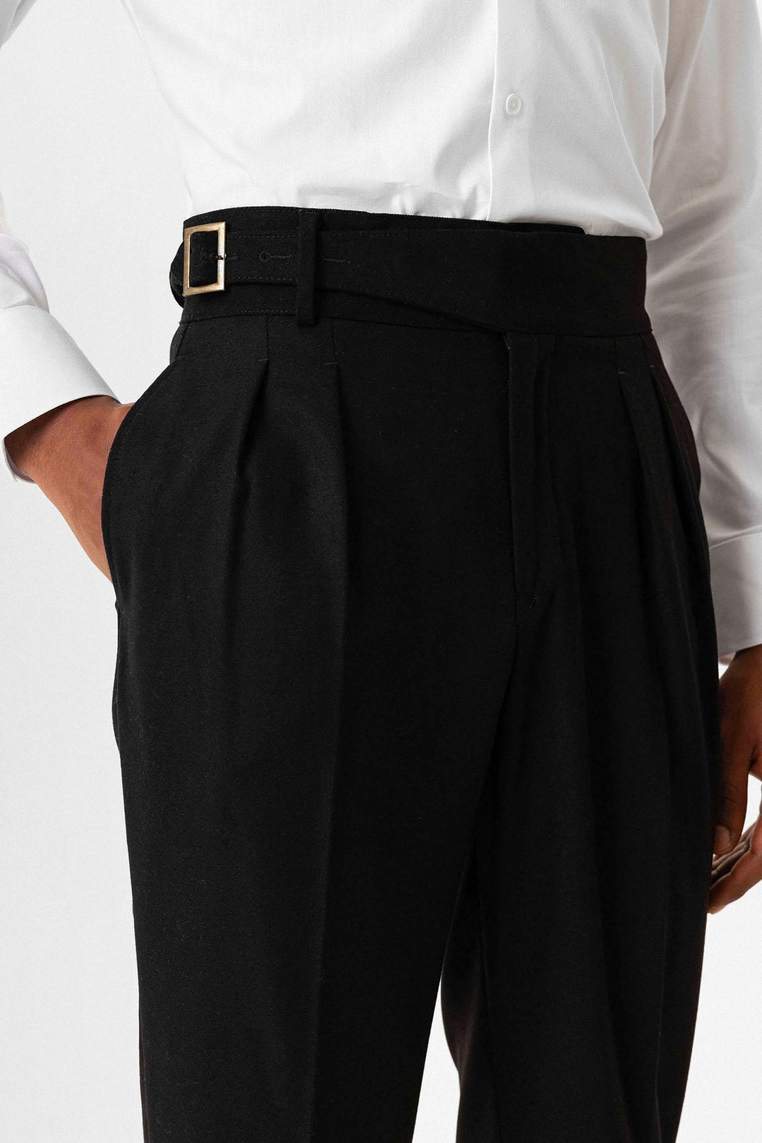 Black Pleated Men's Trousers with Buckle Detail - Wessi