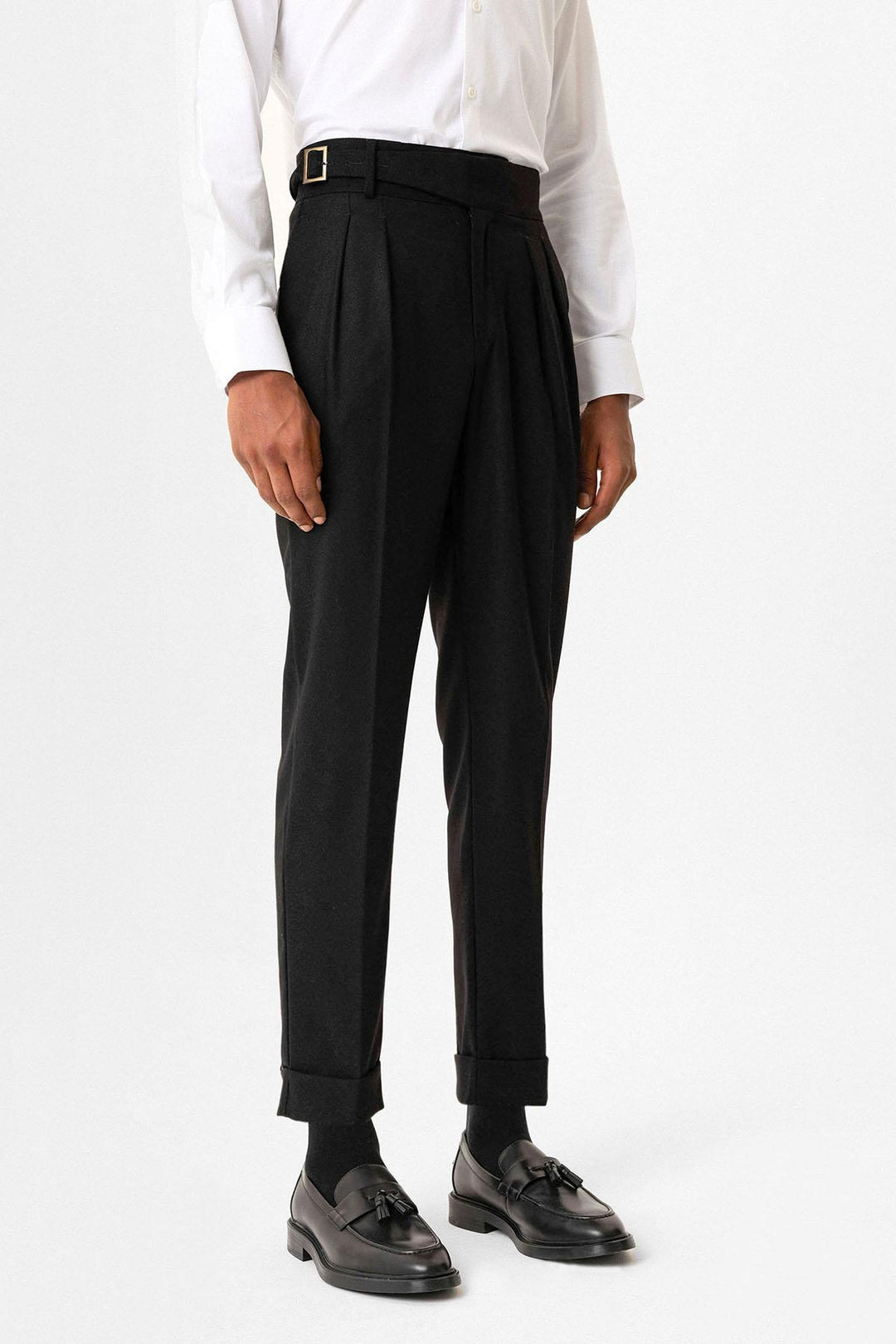 Black Pleated Men's Trousers with Buckle Detail - Wessi