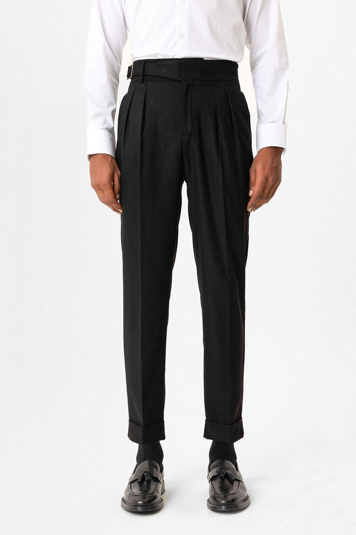 Black Pleated Men's Trousers with Buckle Detail - Wessi