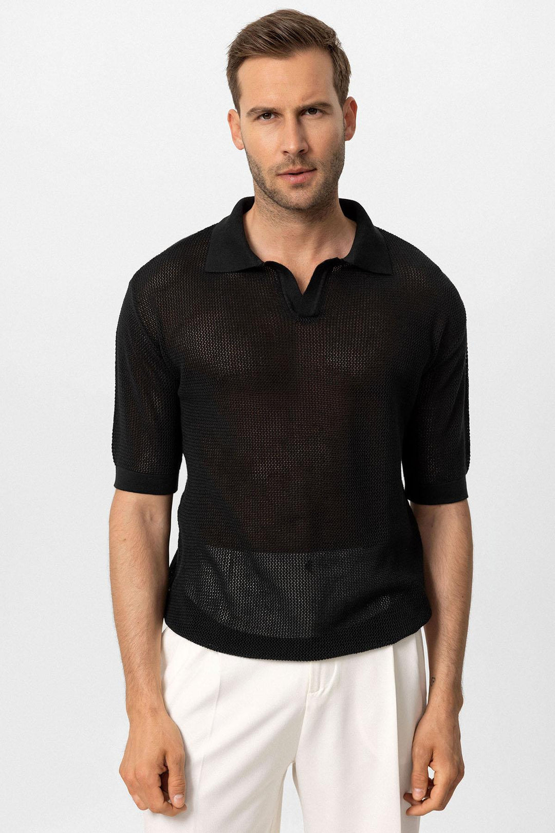 T-Shirt Homme Noir Col Polo en Maille - Wessi