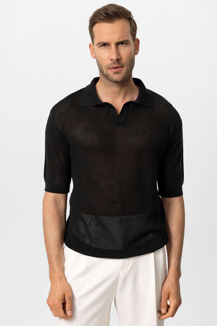 Camiseta de hombre de punto con cuello polo negra - Wessi