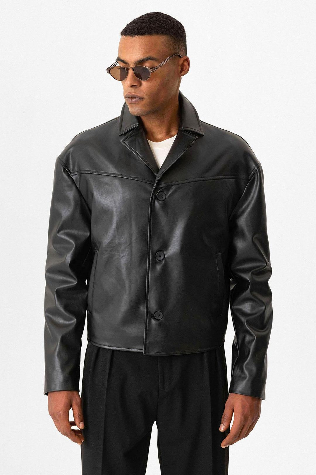 Black Faux Leather Crop Fit Men's Jacket - Wessi