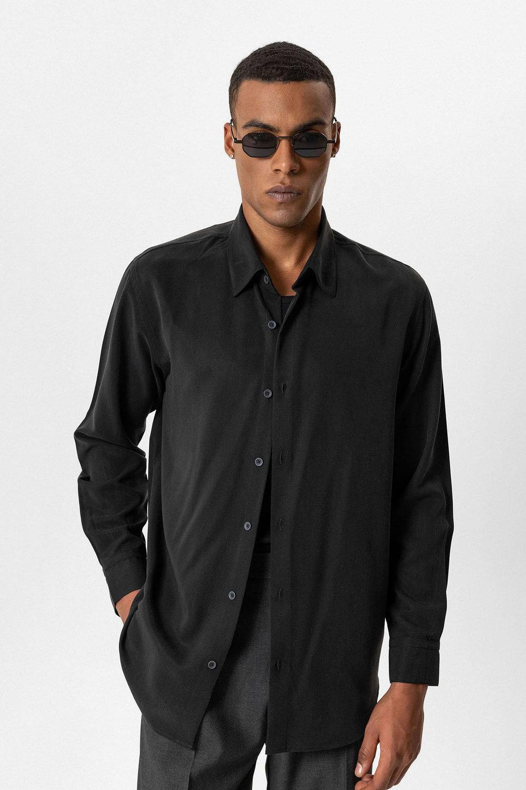 Black Technical Tencel Fabric Men's Shirt - Wessi