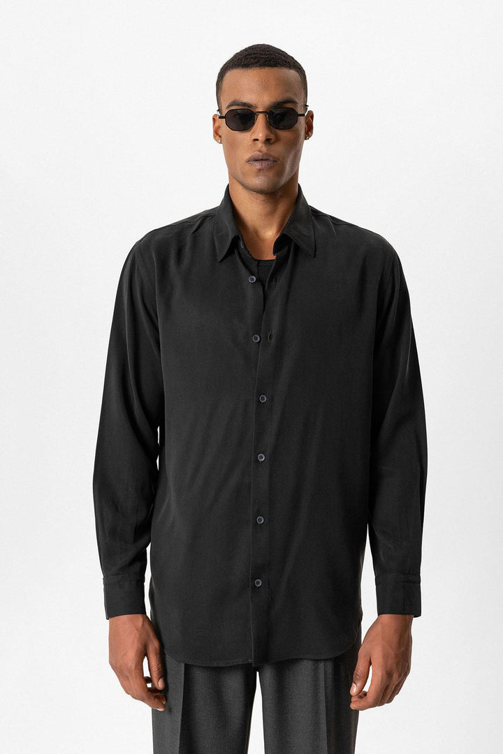 Black Technical Tencel Fabric Men's Shirt - Wessi