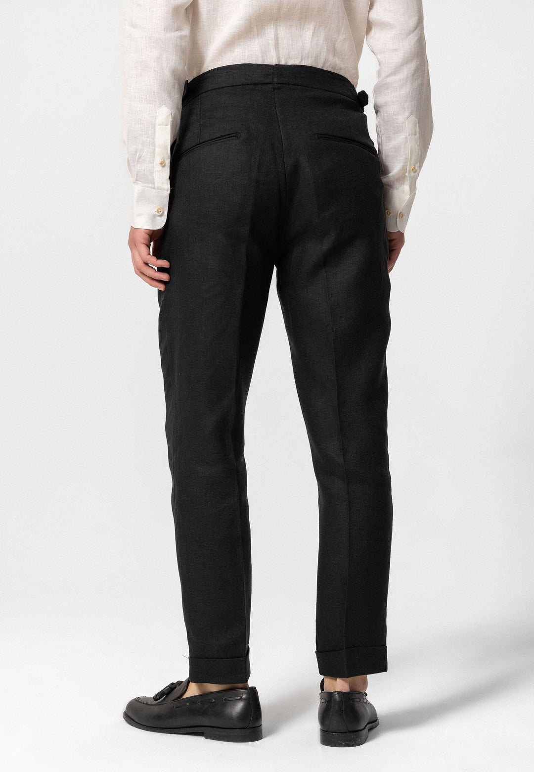 Men's Black High-Waist 100% Linen Pleated Pants - Wessi