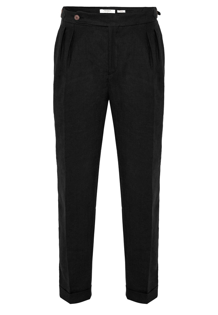 Men's Black High-Waist 100% Linen Pleated Pants - Wessi