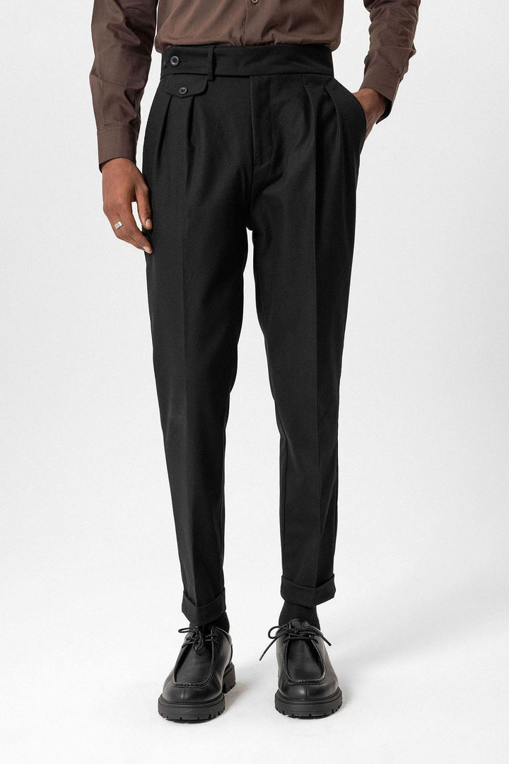 Black High-Waisted Pleated Technical Men's Trousers - Wessi