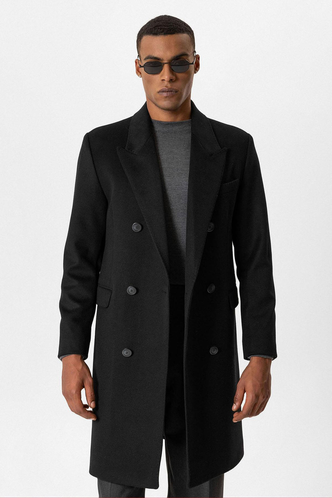 Black Wool-Blend Double-Breasted Men's Coat - Wessi