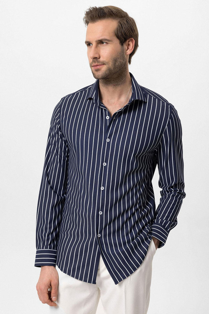 Men's Navy Blue Contrast Striped  Shirt - Wessi