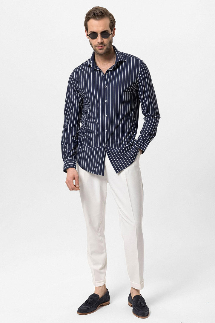 Men's Navy Blue Contrast Striped  Shirt - Wessi