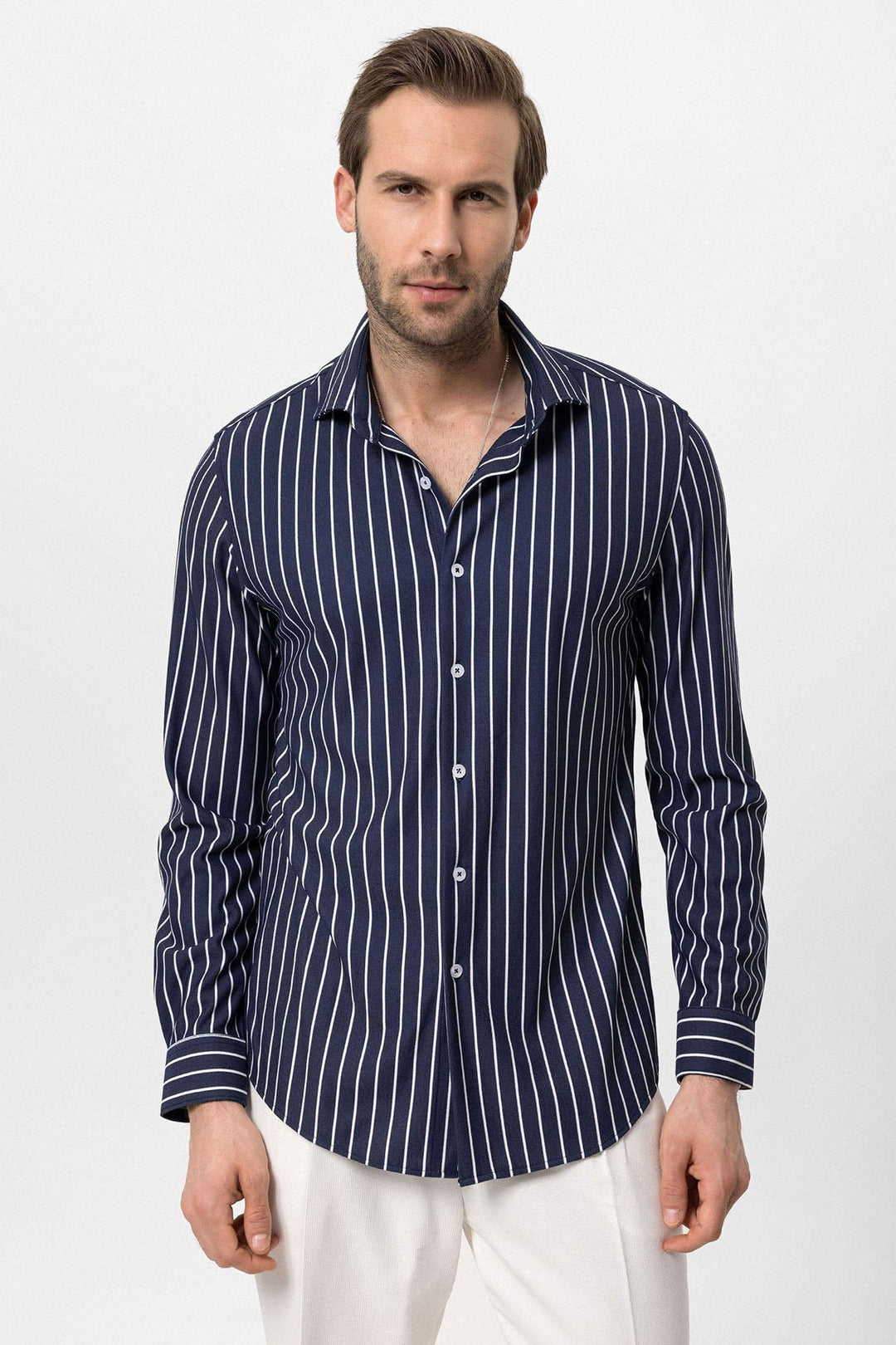 Men's Navy Blue Contrast Striped  Shirt - Wessi