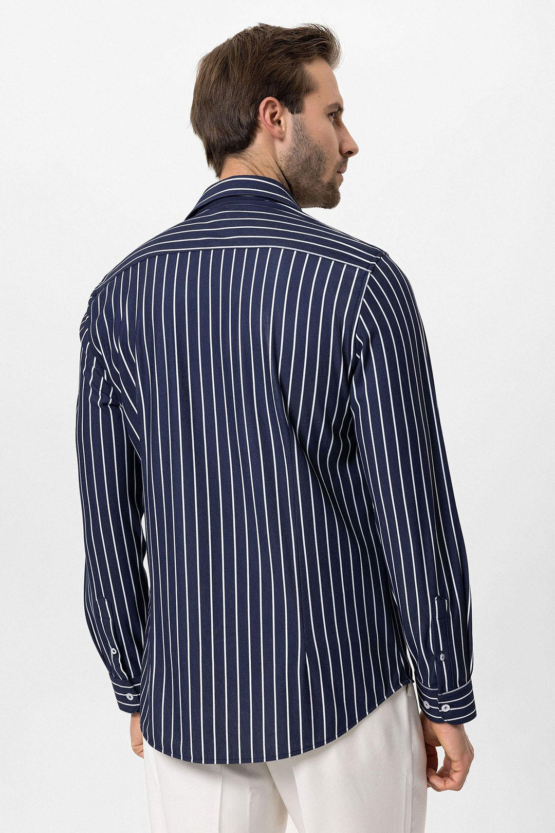 Men's Navy Blue Contrast Striped  Shirt - Wessi