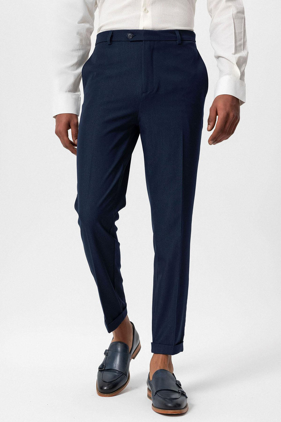 Pantalon Homme Bleu Marine Coupe Slim à Revers - Wessi