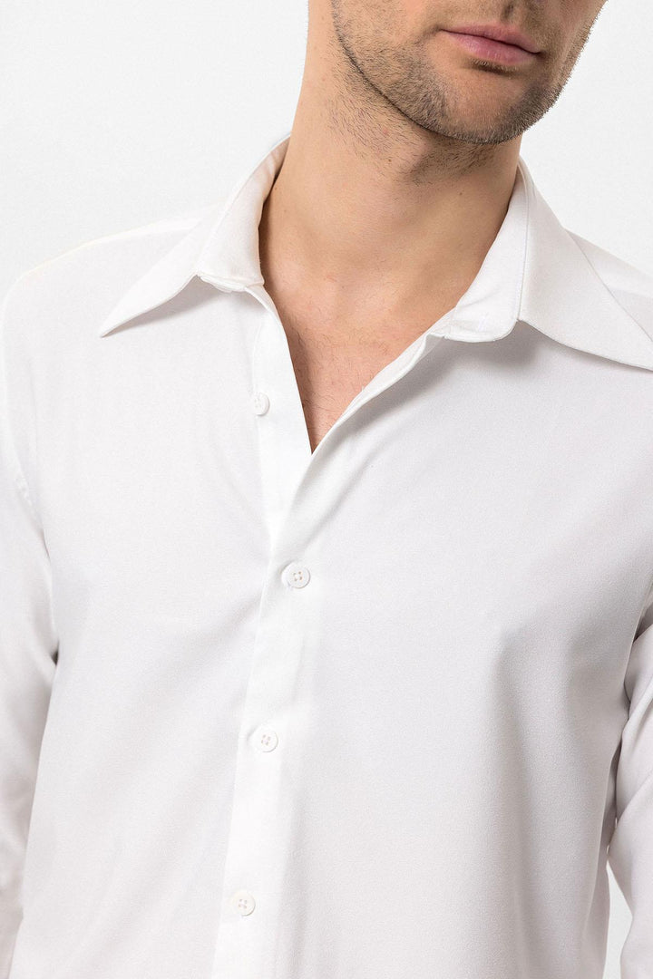 Men's White Slim Fit  Long Sleeve Wide Collar Shirt - Wessi