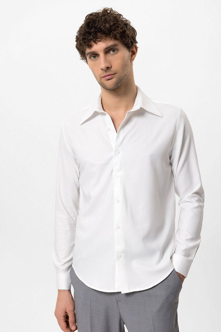 Men's White Slim Fit  Long Sleeve Wide Collar Shirt - Wessi