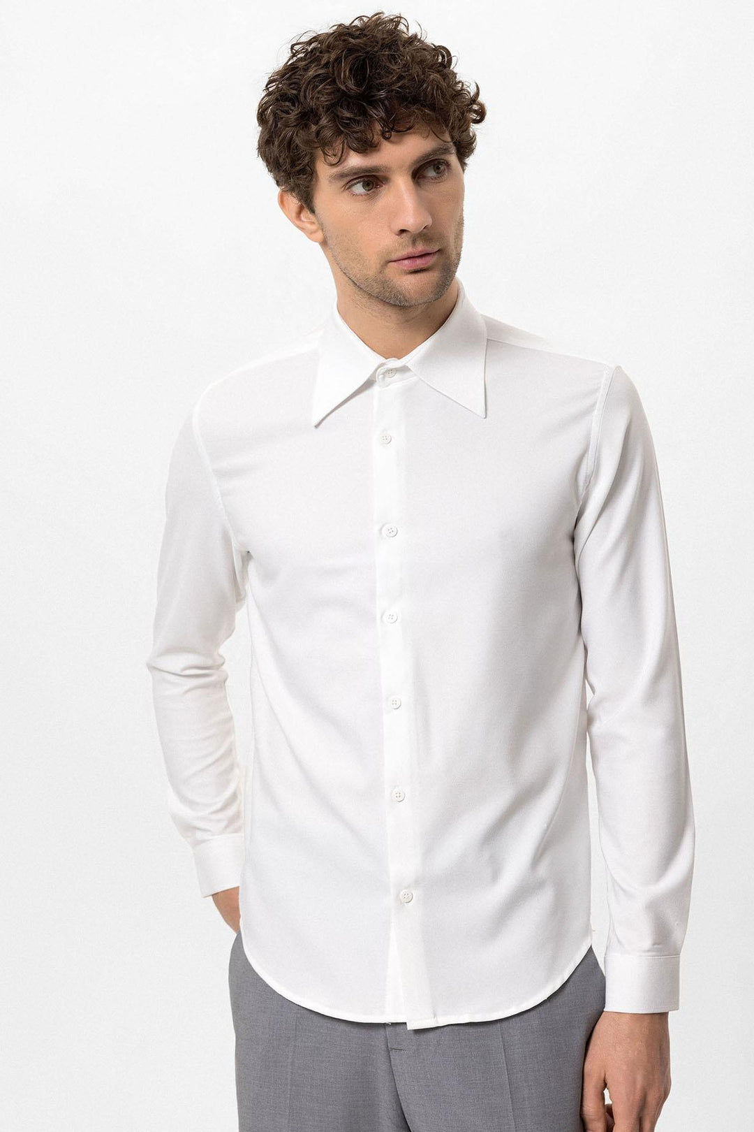 Men's White Slim Fit  Long Sleeve Wide Collar Shirt - Wessi