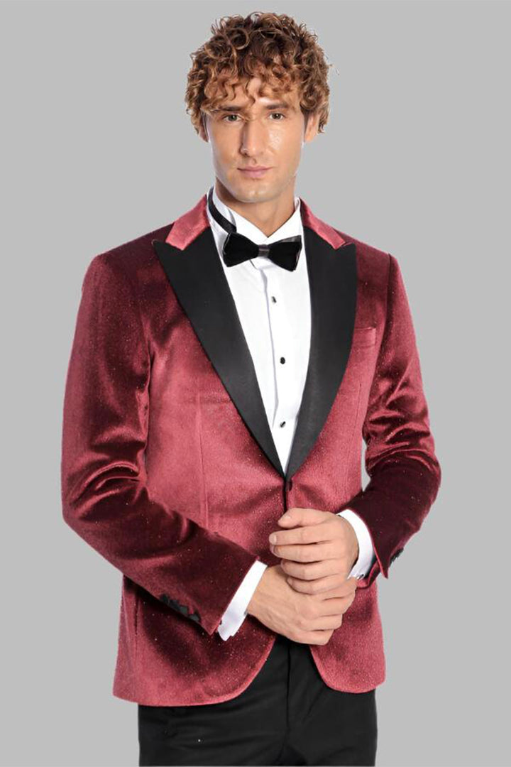 Blazer de graduación para hombre Sparkle Slim Fit de terciopelo burdeos - Wessi