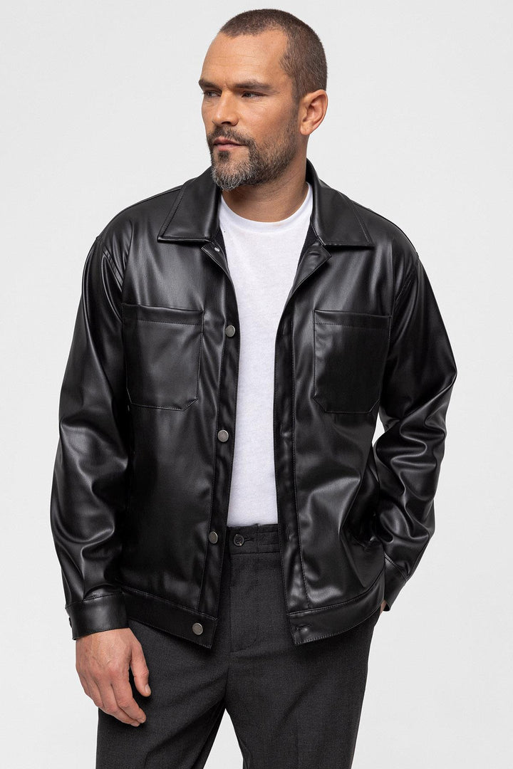 Men's Black Faux Leather  Thin Coat - Wessi