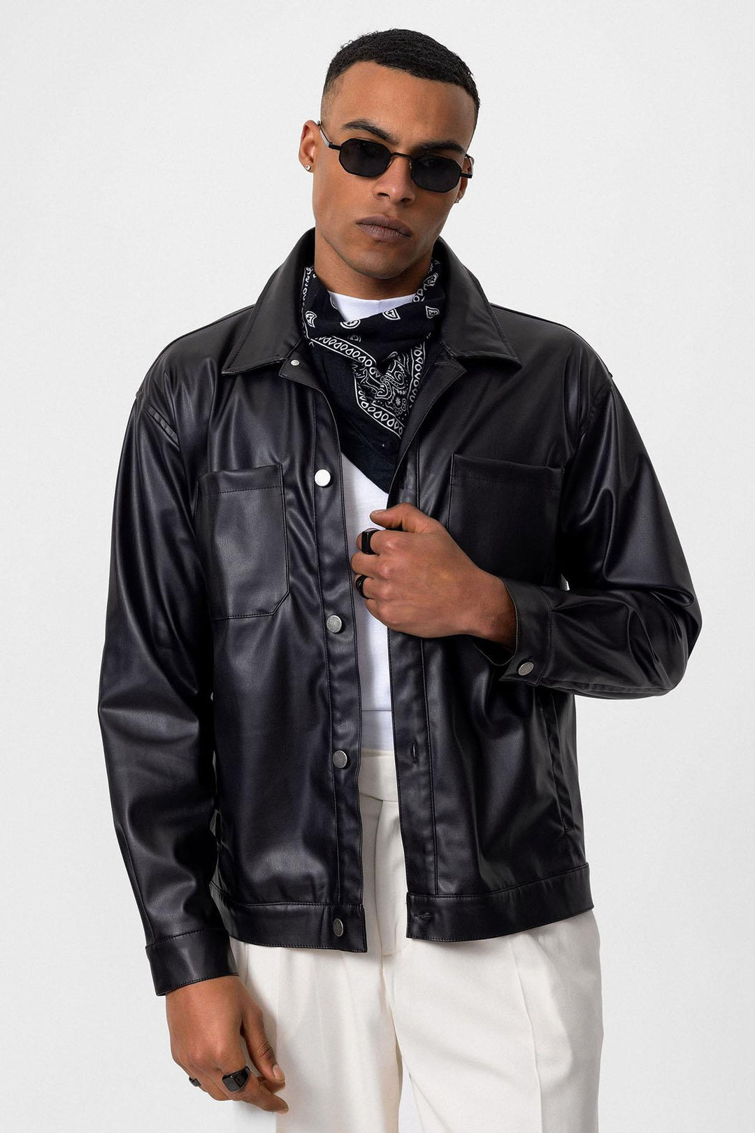 Men's Black Faux Leather  Thin Coat - Wessi