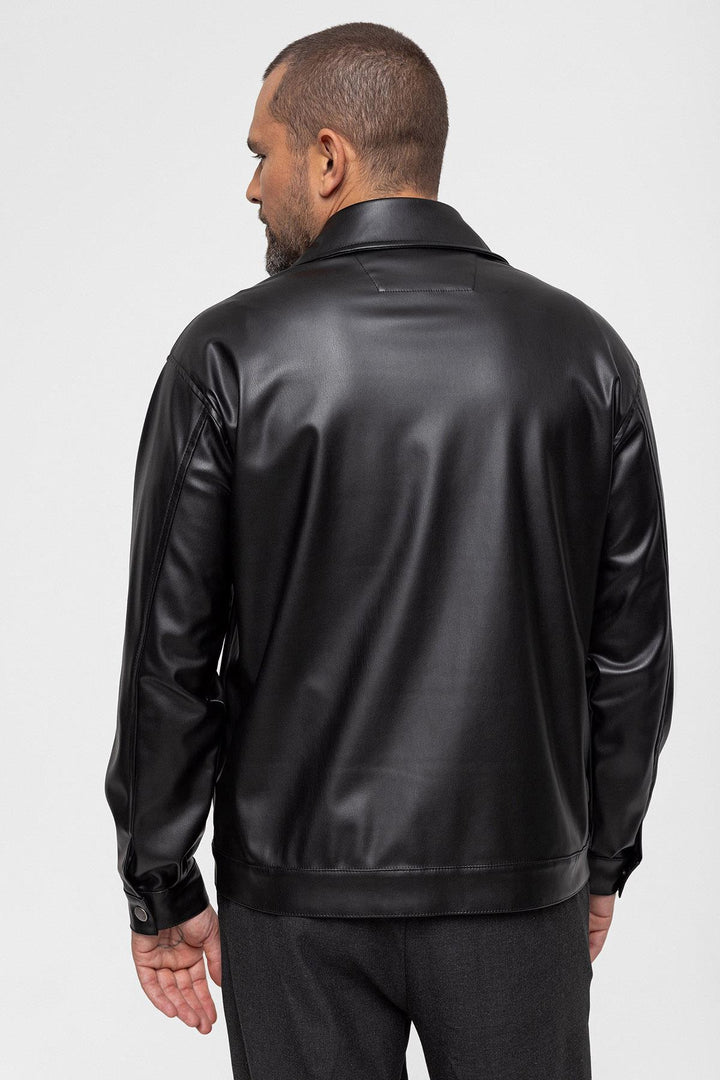 Men's Black Faux Leather  Thin Coat - Wessi