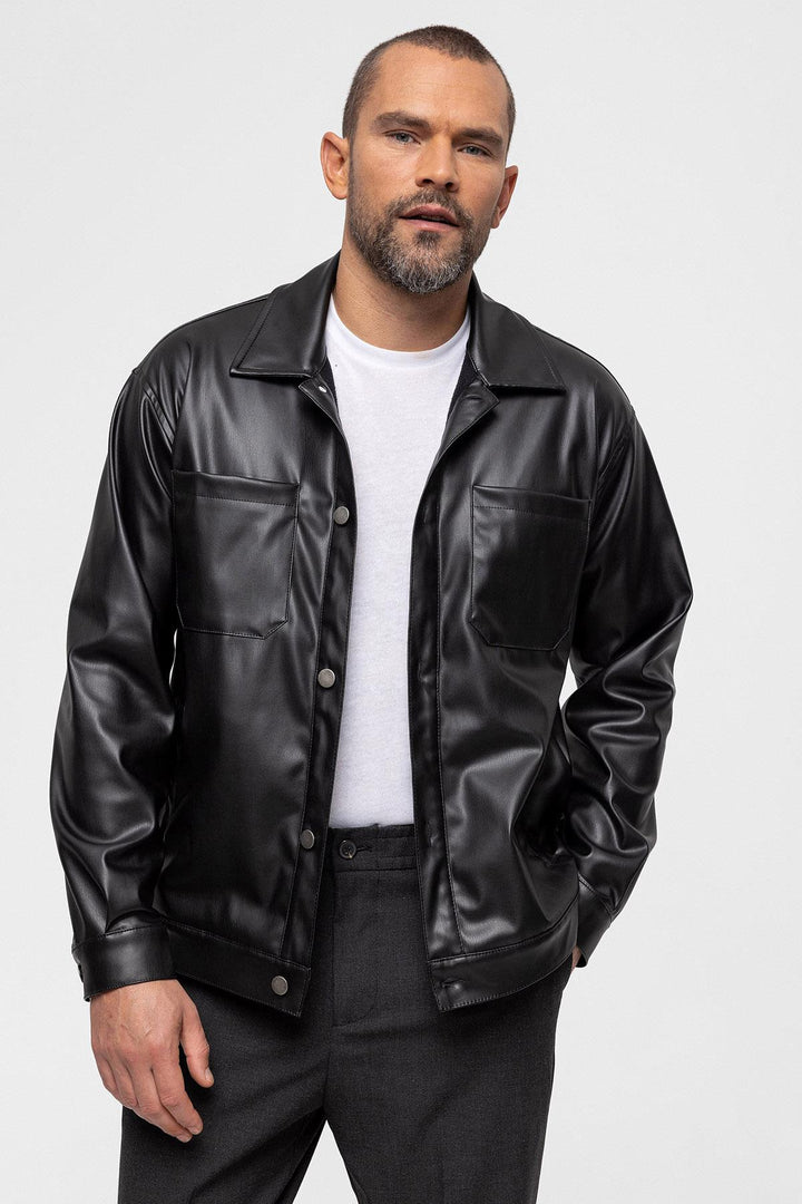 Men's Black Faux Leather  Thin Coat - Wessi