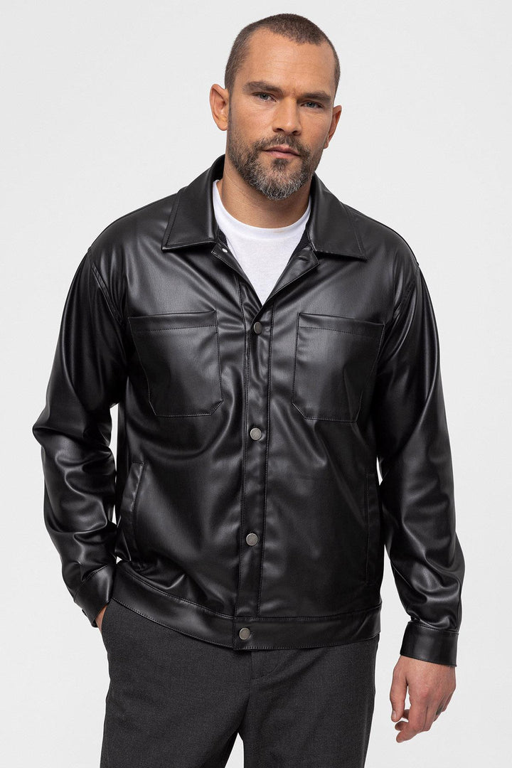 Men's Black Faux Leather  Thin Coat - Wessi