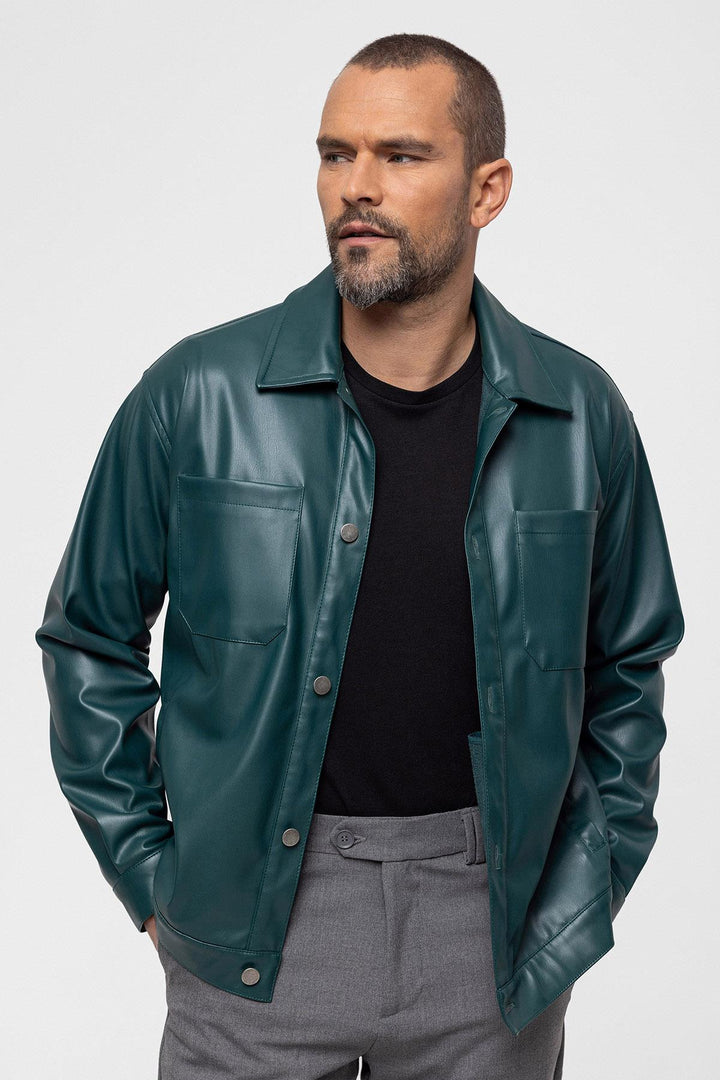 Manteau Fin Simili Cuir Vert Homme - Wessi