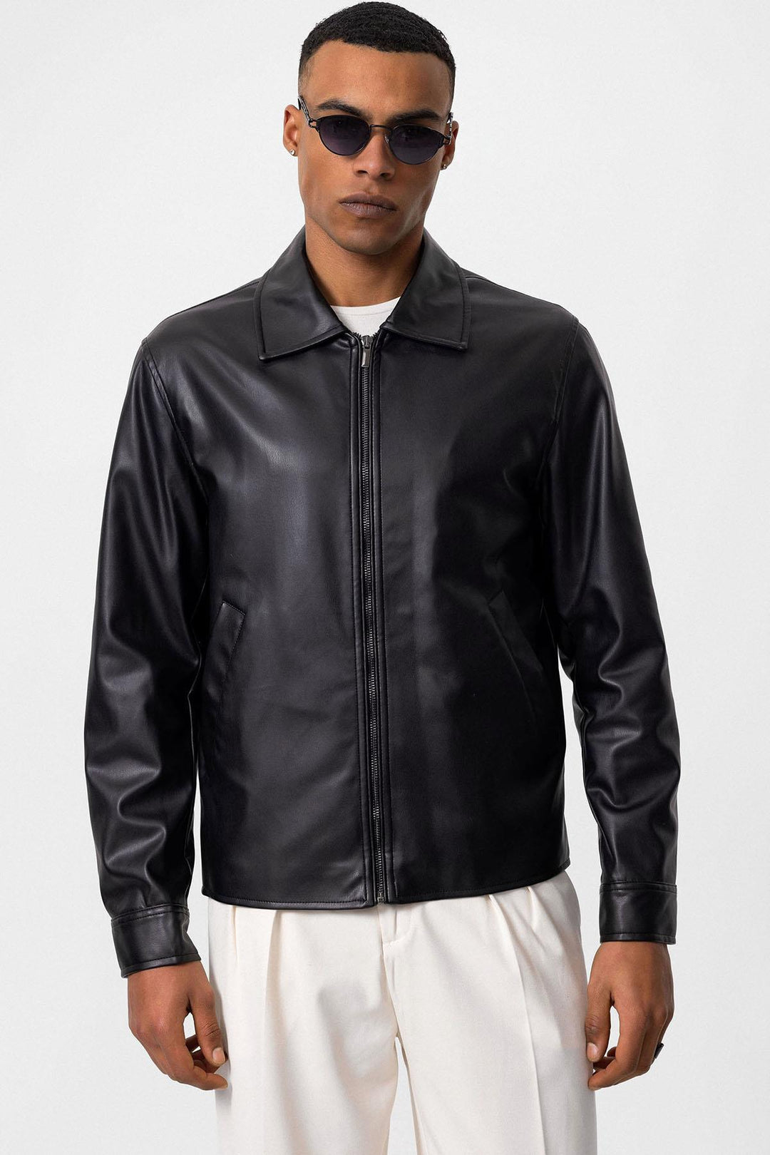 Men's Black Faux Leather  Coat - Wessi