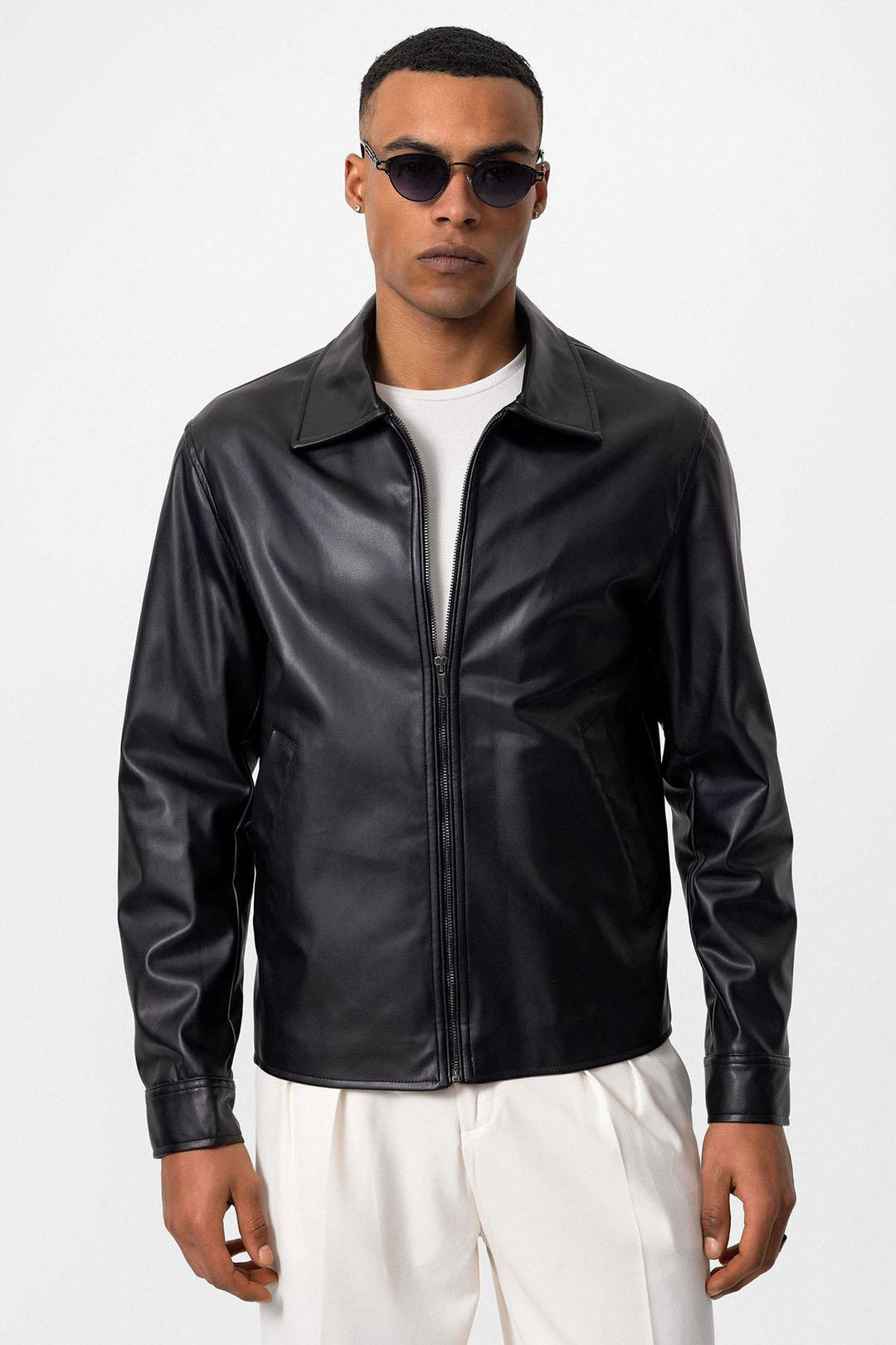 Men's Black Faux Leather  Coat - Wessi