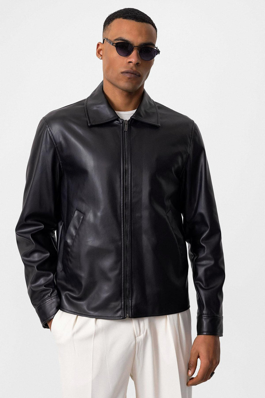 Men's Black Faux Leather  Coat - Wessi