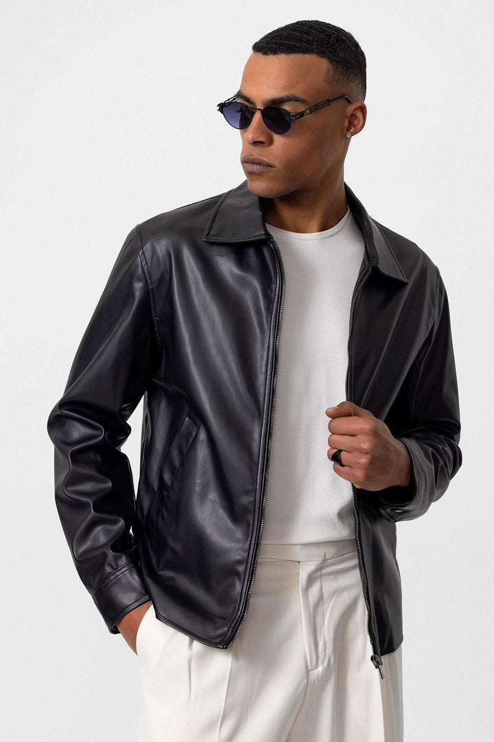 Men's Black Faux Leather  Coat - Wessi