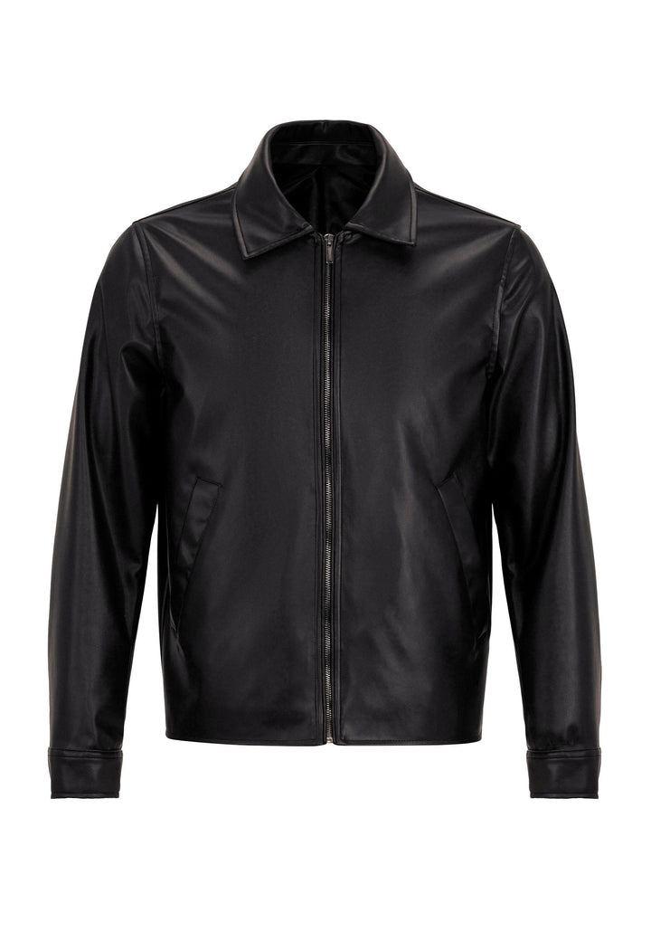 Men's Black Faux Leather  Coat - Wessi