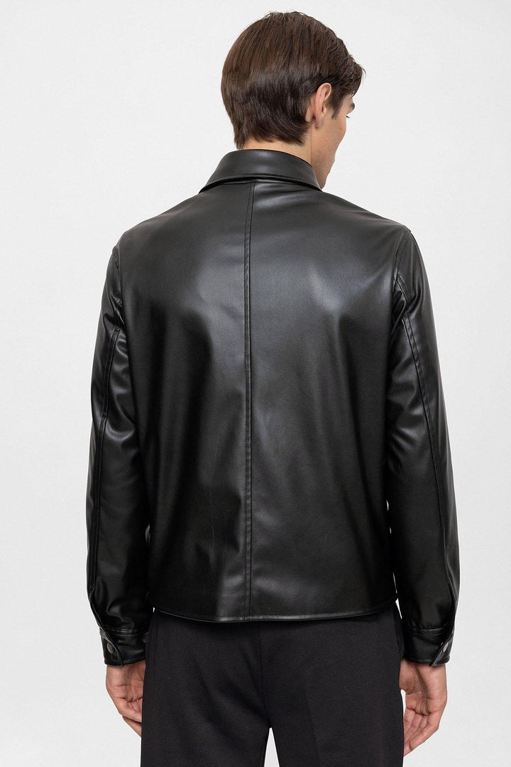 Men's Black Faux Leather  Coat - Wessi