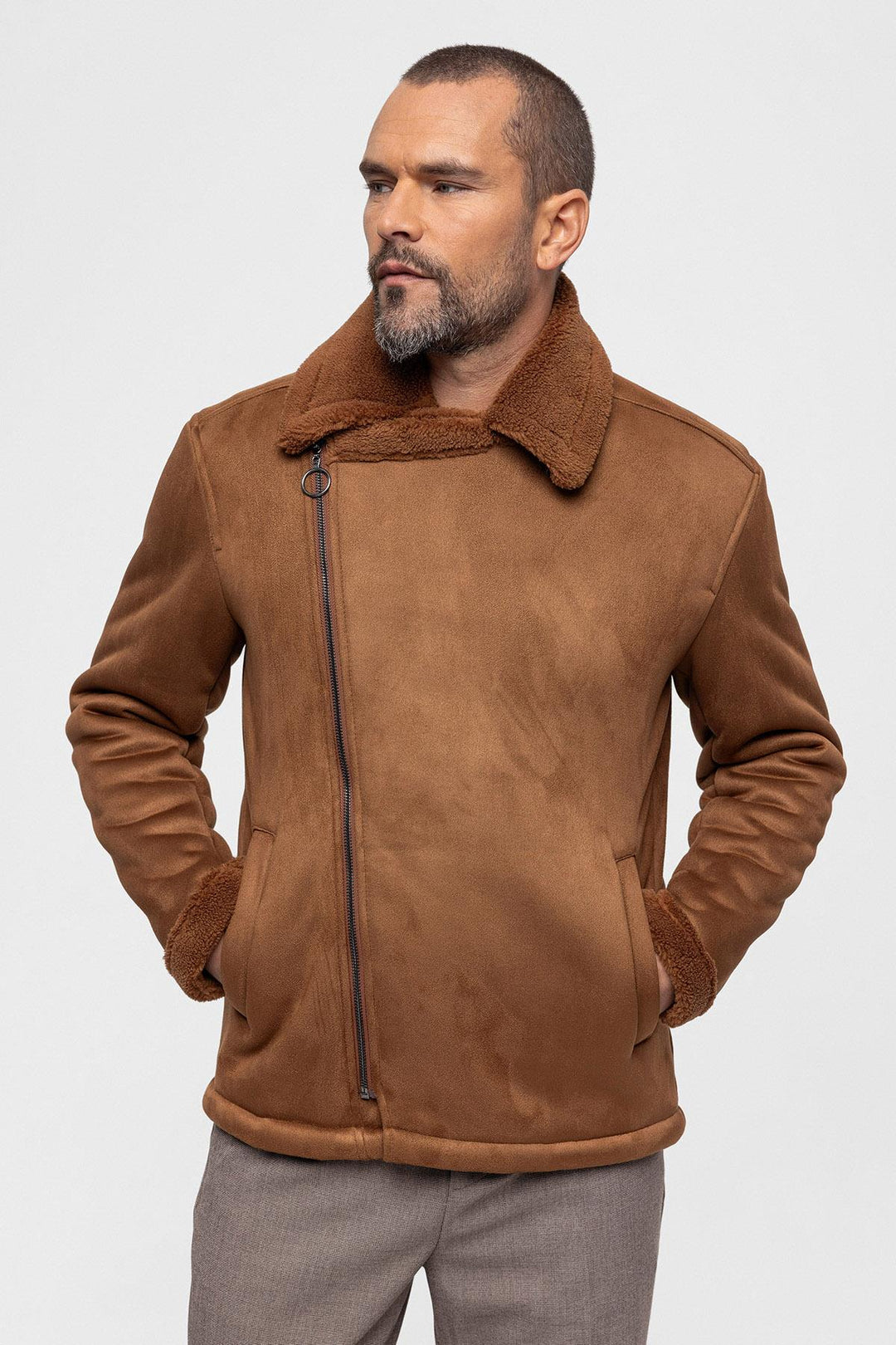 Chaqueta de ante con forro de piel de oveja sintética color canela para hombre - Wessi