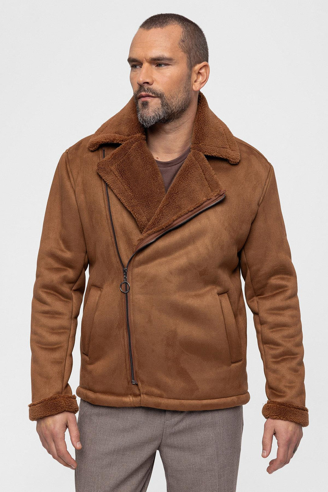 Men's Tan Faux Shearling Lined Suede  Jacket - Wessi