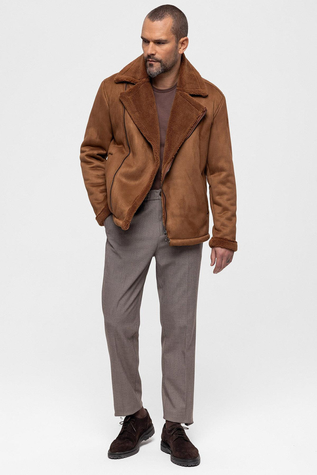 Men's Tan Faux Shearling Lined Suede  Jacket - Wessi