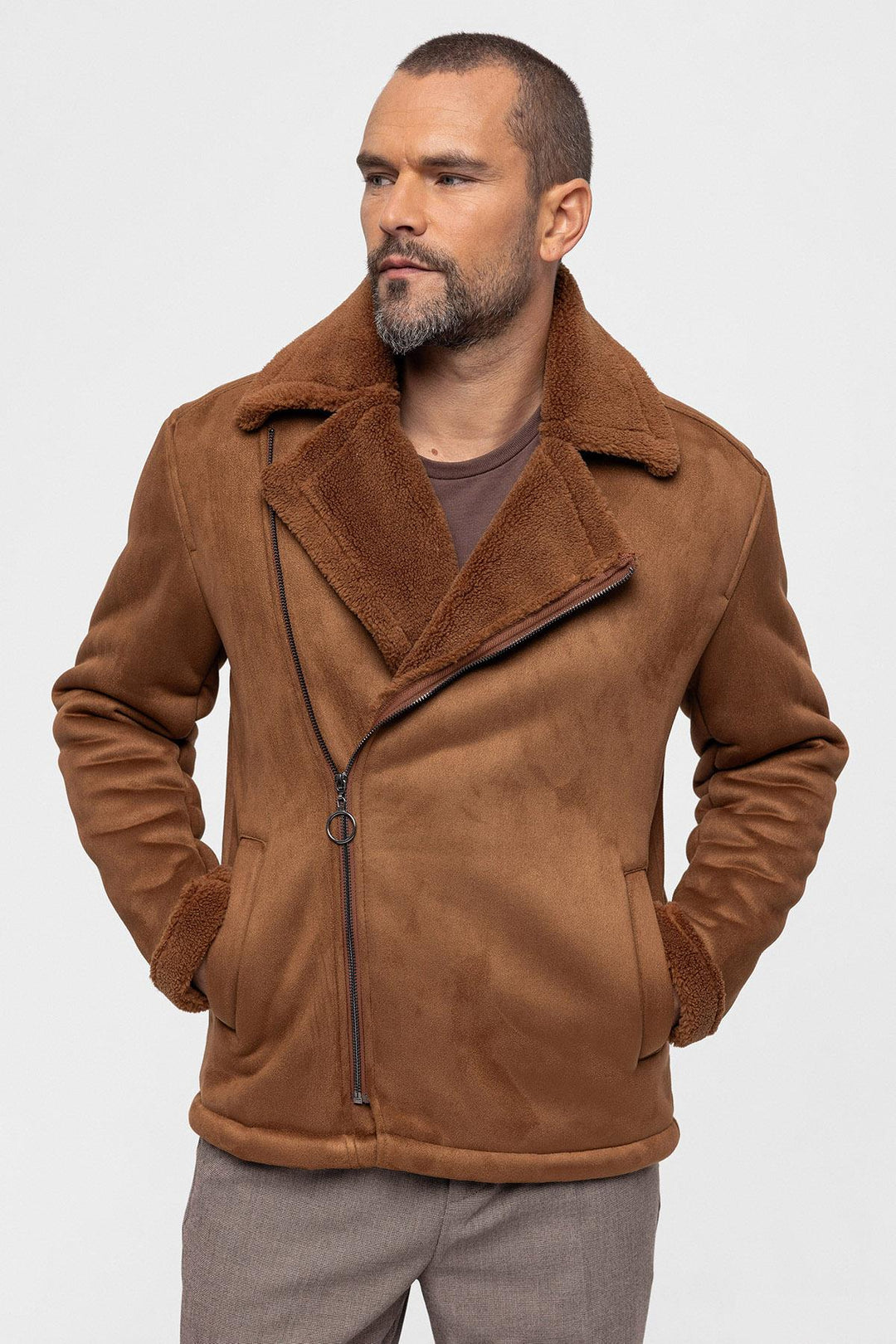 Chaqueta de ante con forro de piel de oveja sintética color canela para hombre - Wessi