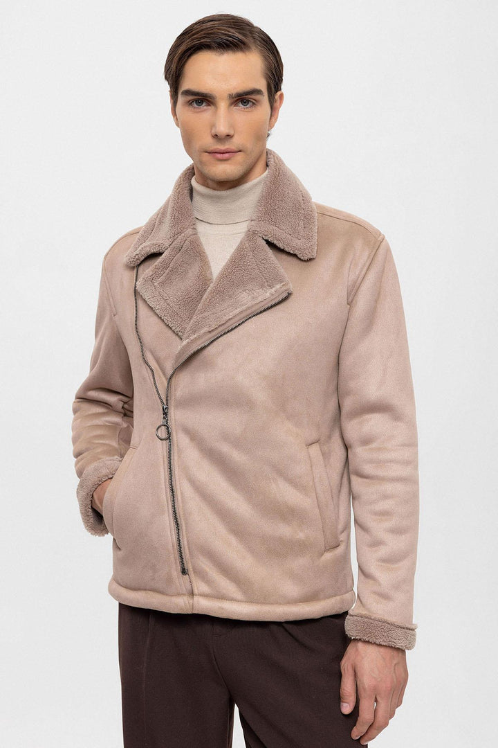 Men's Stone Faux Shearling Lined Suede  Jacket - Wessi