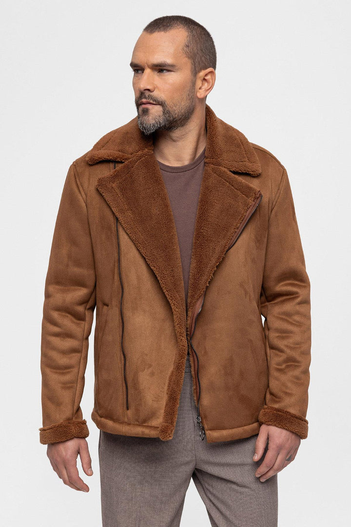 Men's Tan Faux Shearling Lined Suede  Jacket - Wessi