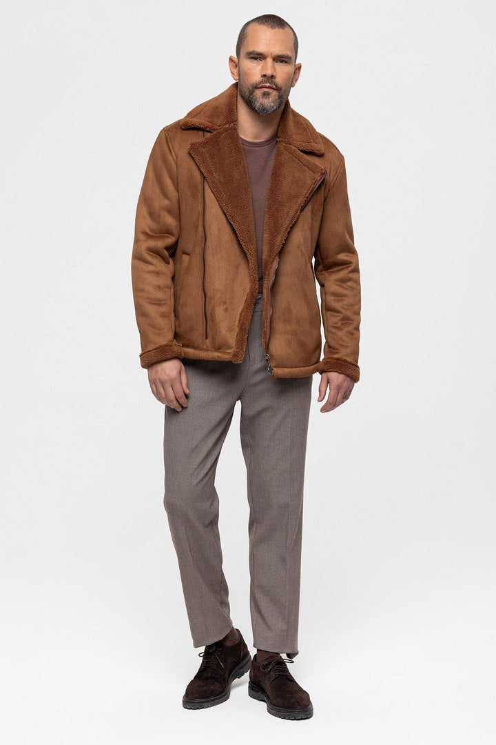 Men's Tan Faux Shearling Lined Suede  Jacket - Wessi