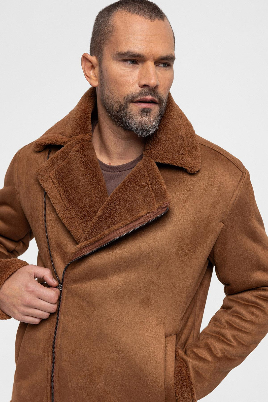 Men's Tan Faux Shearling Lined Suede  Jacket - Wessi