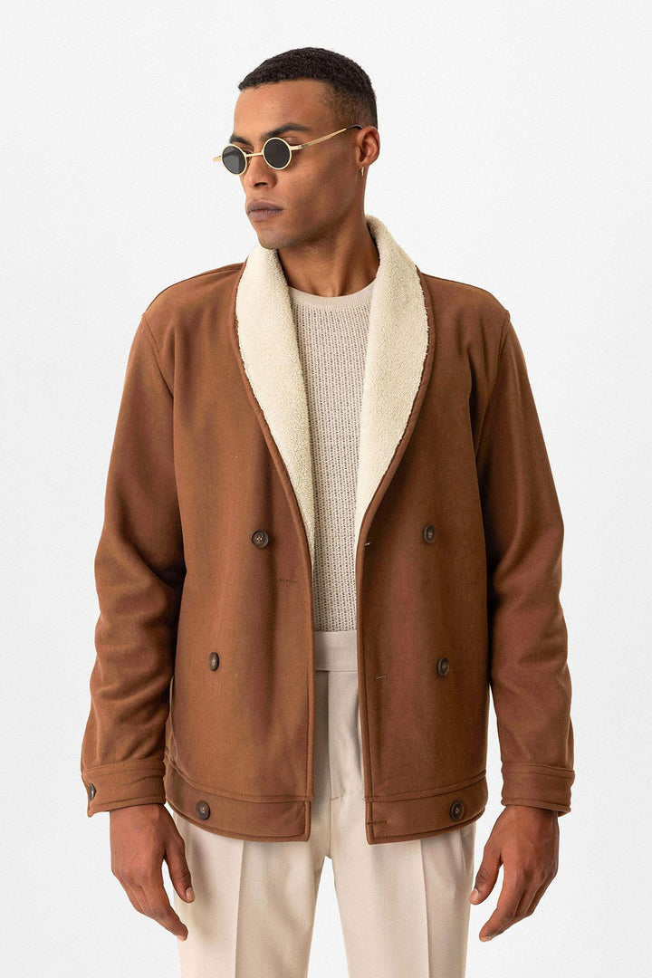 Tan Contrast Collar Men's Jacket with Lining Detail - Wessi