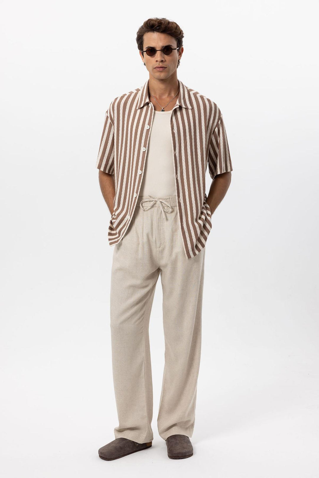 Men's Stone Belted Linen Blend Pants - Wessi