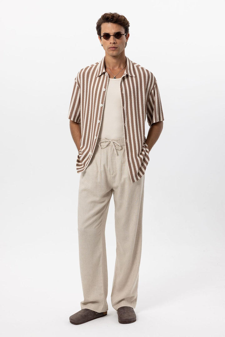 Men's Stone Belted Linen Blend Pants - Wessi